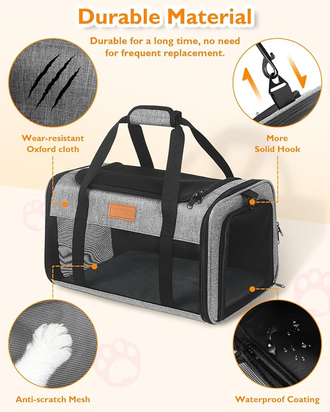 PETUX TSA Approved Pet Carrier in Cabin - 17"x11"x9.5", Underseat, Soft Sided Cat Carriers with Safety Zippers and Anti-Scratch Mesh for Small Cat up to 12 lb, Ideal for Travel and Vet Visit, Grey