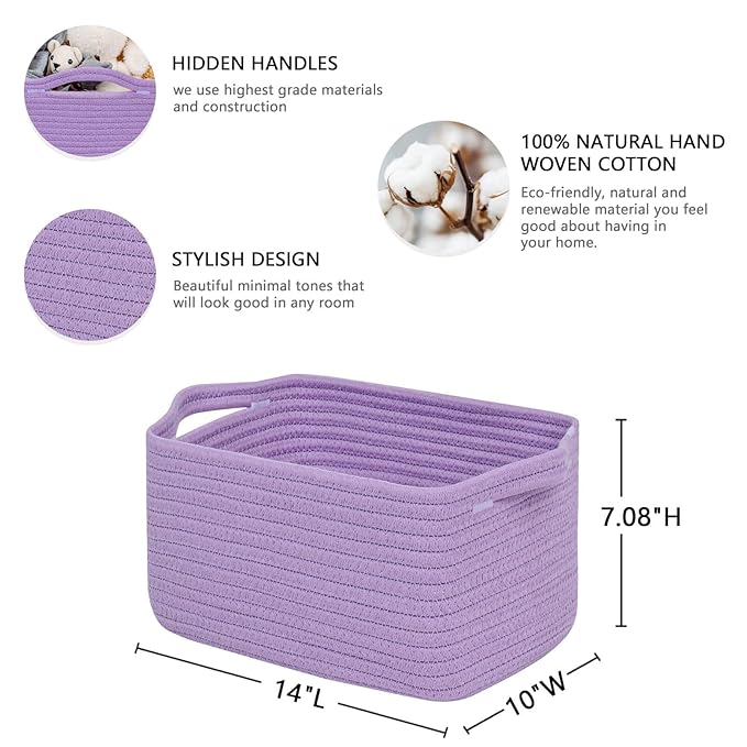 CubesLand Cube Storage Organizer Basket Bin, Cube Shelf Shelves Cotton Rope Basket, Durable Woven Rectangular Basket for Organizing, Nursery Toys Basket, 14x10x7.08IN Purple Basket