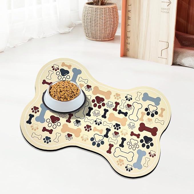 Dog & Cat Food Mat Bone Shaped Pet Feeding Mat Quick Absorb Water Bowl Placemat with Rubber Backing Indoor Floor Stain Resistant Pet Accessory Supplies (Beige, 12x18 Inches)