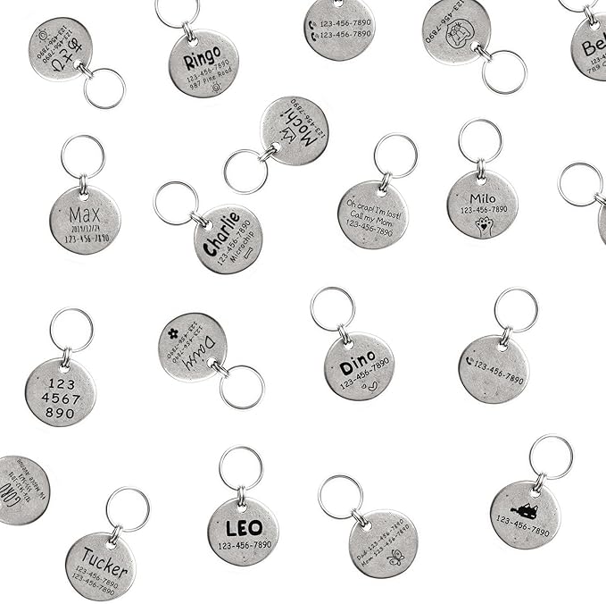 Artistic Handmade Hammered Collar Cat Dog ID Tags with Unique Handcrafted Design and Durable Stainless Steel, Personalized Deep Engraving with Your Own Text (Wakemeforfood)