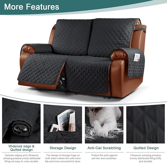 Ruaozz Waterproof Recliner Sofa Cover 1-Piece Couch Covers for Reclining Couches Reclining Sofa Cover Washable Furniture Protector with Elastic Straps Pocket for Kids, Pets (Black, XL 2 Seater)