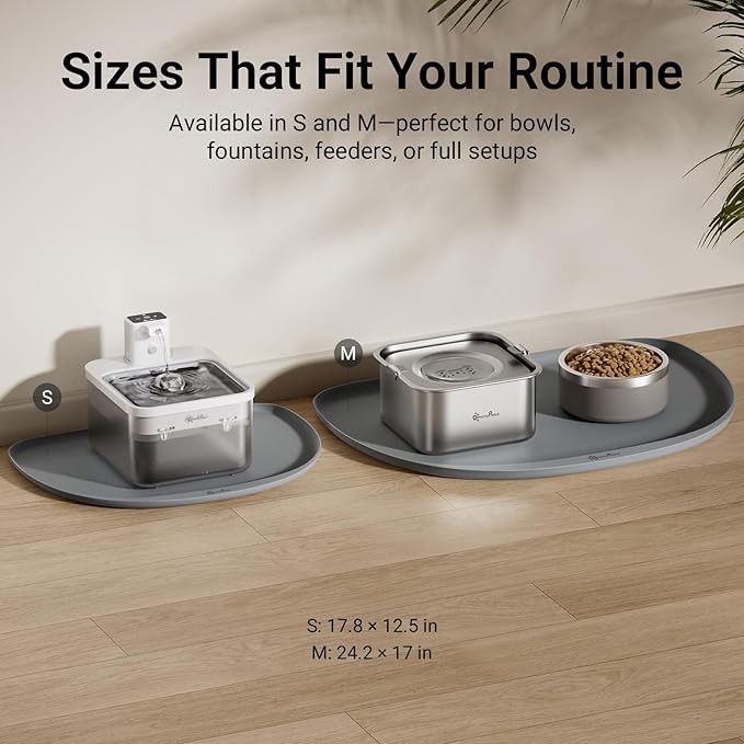 DownyPaws Cat Food Mats for Floors Waterproof, BPA Free Silicone Pet Feeding Mat, Non-Slip Pet Food Mat with High Raised Edge, Cat Placemat for Messy Drinkers, 18"×12.5", Gray