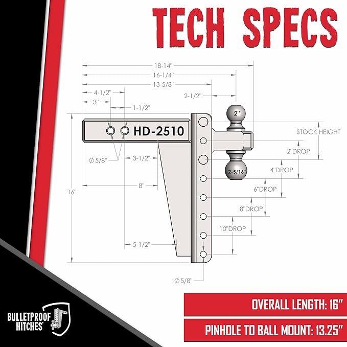 BulletProof Hitches - 2.5" Adjustable Heavy Duty Trailer Hitch (22,000 lb. Rating) - 10" Drop/Rise Trailer Hitch with 2" & 2-5/16" Dual Ball - Powder Coat, Solid Steel, Corrosion-Resistant