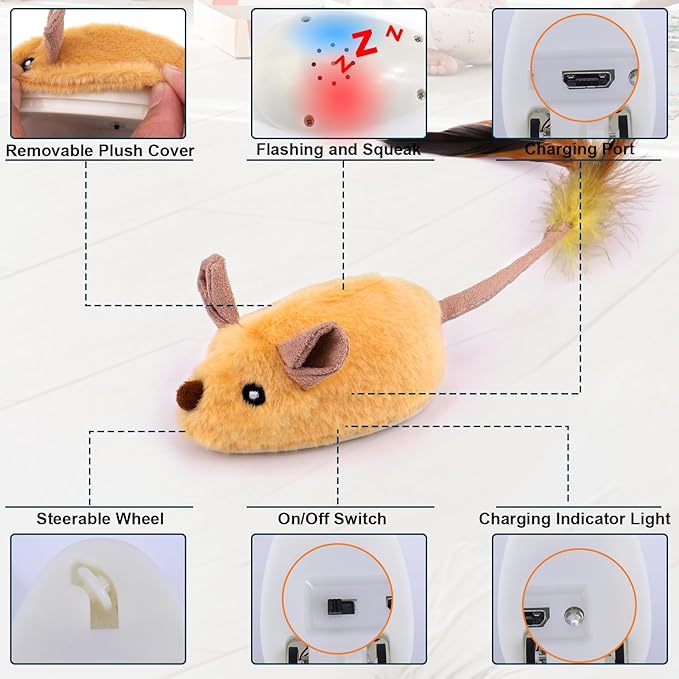 BABORUI Interactive Dog Toys Mouse, Escaping Mice Squeaky Dog Toys with Lights & Auto-Turn, Rechargeable Moving Dog Toy for Small/Medium/Large Dogs & Cats (Yellow)