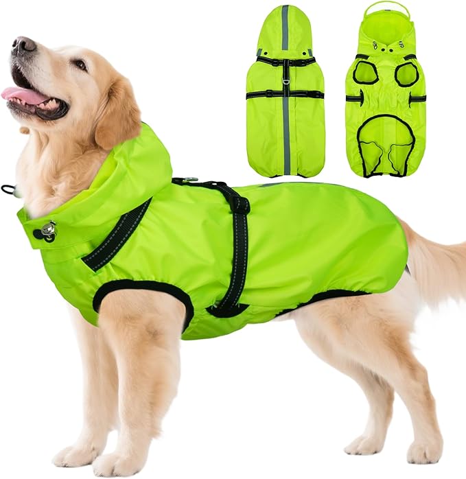 Dog Raincoat for Extra Large Dogs with Hood, Waterproof Dog Rain Jacket with Adjustable Built-in Harness & Back Zipper, Reflective Strip, for Rainy Walks, Muddy Roads - Fluorescent Green XXXXL