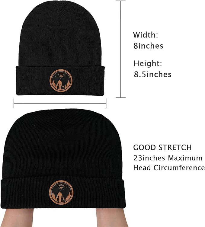 Big Foot Beanie Hat, Sasquatch Leather Patch Winter Knit Skull Cap Bigfoot Gifts for Adult Men Women