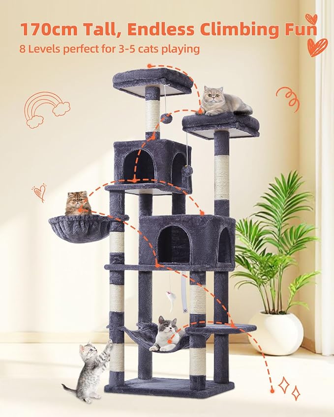 Taoqimiao Cat Tree, 66.2-Inch Cat Tower for Indoor Cats, Plush Multi-Level Cat Condo with 7 Scratching Posts, 2 Perches, 2 Caves, Hammock, 2 Pompoms, Smoky Gray MS013G
