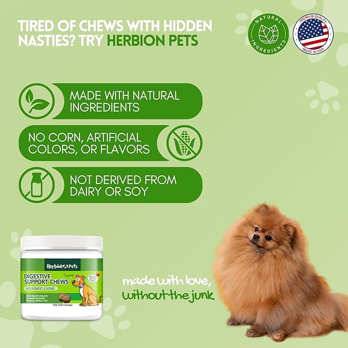 Herbion Pets Digestive Support Chews with Probiotics & Enzymes, 120 Soft Chews, with Daily Digestive Enzymes, for Improved Gut Health, Minimum 2 Billion CFUs, Made in USA for Dogs 12 Weeks+, Pack 1