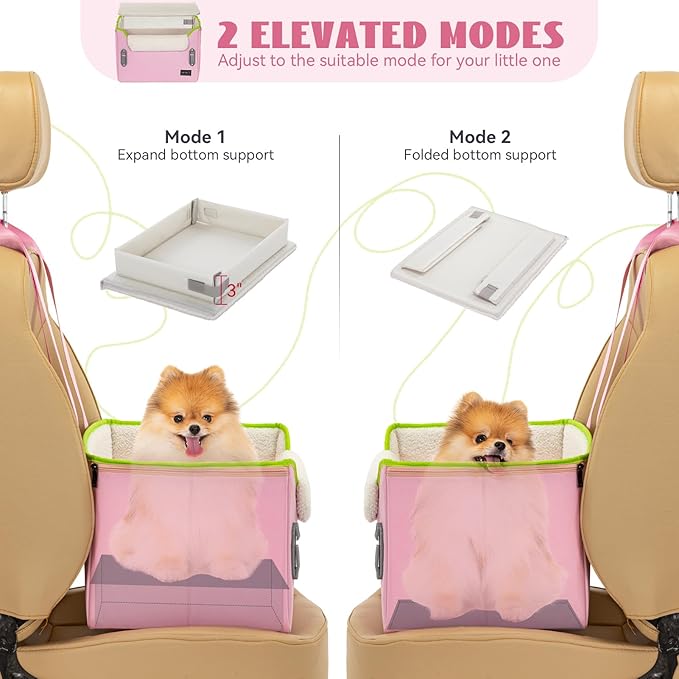 PETSFIT Small Dog Car Seat – Patented Safety Buckles – Safety Tether – Foldable Travel Cat Car Seat Reduces Anxiety & Road Trips – Stable Frame, Soft Cushion, Fits Front/Back Seat (Pink)