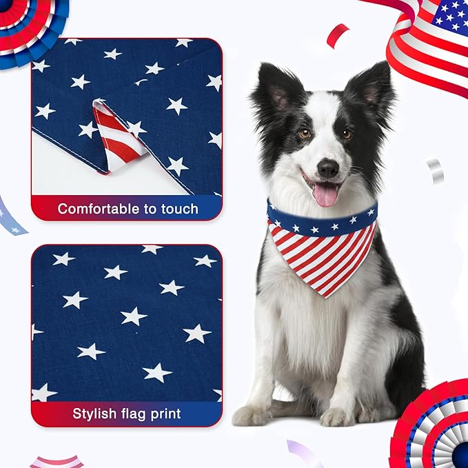 E-Clover 4th of July Dog Bandanas & Matching Scrunchie Set American Flag Dog Scarf Washable Patriotic Pet Bandana Triangle Kerchief Bibs for Small Dogs Puppy Owner Gifts