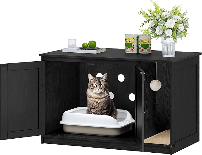 Cat Litter Box Enclosure, Hidden Litter Box Cabinet Furniture with Bell, Indoor Cats House, Farmhouse Style, 39.4 x 21.7X 24.8 Inches for Hallway, Bedroom, Black CB85204X
