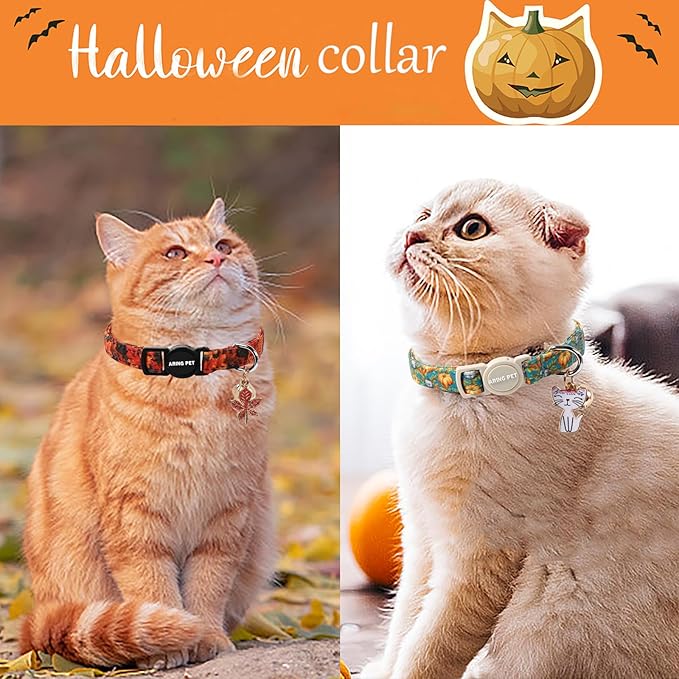 ARING PET 2 Pack Cat Collars, Breakaway Cotton Fall Halloween Kitten Collar with Bells for Girl Boy Cats Pumpkin & Autumn Leaf
