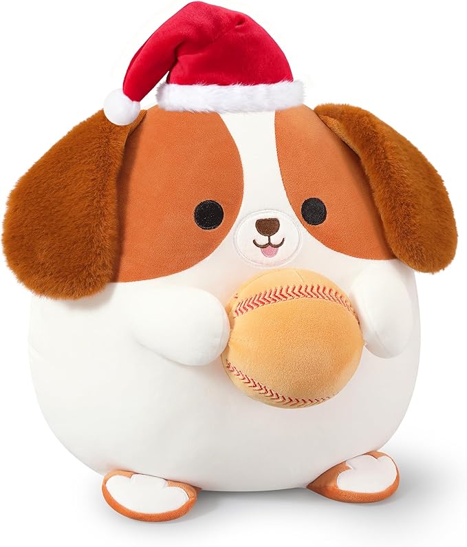 Onsoyours Original Christmas Beagle Dog Stuffed Animal with Baseball Santa Hat- 12 inch Soft Sport Puppy Plush Toy, Cute Plushies Xmas Gift for Kids & Adults Brown
