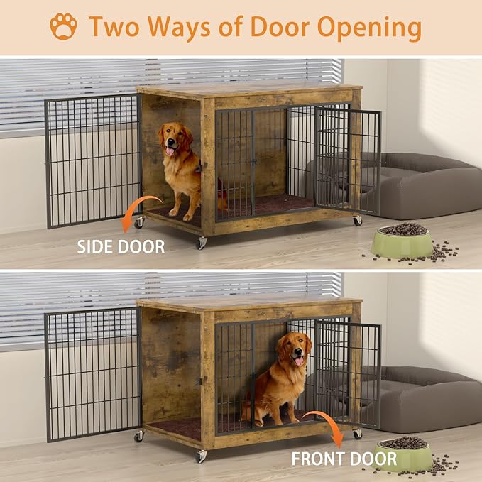 Dog Crate Furniture with Cushion,38" Wooden Dog Crate nightstand with Double Doors, Brown Kennel Indoor with Wheels, Decorative Pet House for Small Medium