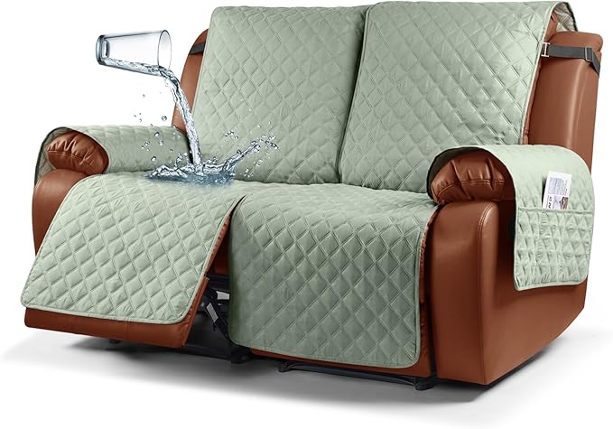 Ruaozz Waterproof Recliner Sofa Cover 1-Piece Couch Covers for Reclining Couches Reclining Sofa Cover Washable Furniture Protector with Elastic Straps Pocket for Kids, Pets (Sage Green, 2 Seater)