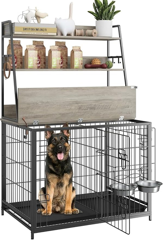 57 Inch Dog Crate Furniture with Storage - Large Dog Cage with Double Door,Dog House Kennel Indoor with Two 7" Dog Bowls,37.4"×24.4"×57.1",Grey