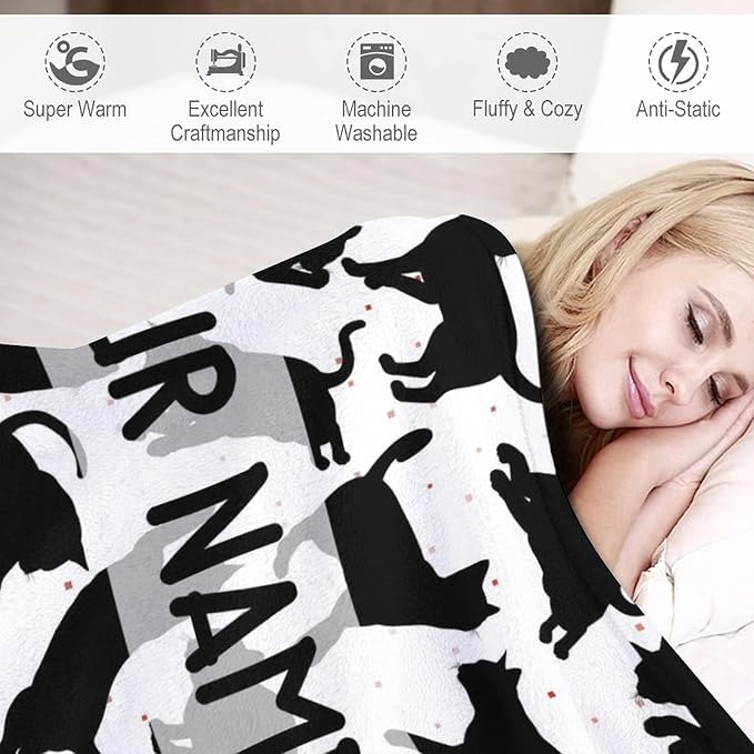 Personalized Cat Blanket Gifts with Name - 40"x50" Cute Throw Blanket for Adults Kids - Black Soft Plush Throws for Bed, Couch & Travel