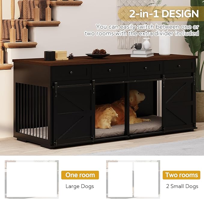 Furniture Style Dog Crate - 83" L Super Large Wooden Dog Kennel Furniture with 4 Drawers & 2 Sliding Barn Doors - for Small Medium Large Dogs, Black