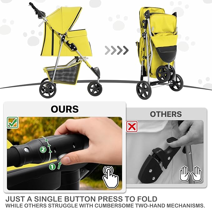 MoNiBloom Foldable Pet Stroller with Waterproof Cover, 3-Wheels Dog Strolling Cart for Small/Medium Dogs and Cats with Storage Basket and Cup Holder, Breathable and Visible Mesh for All-Season, Yellow