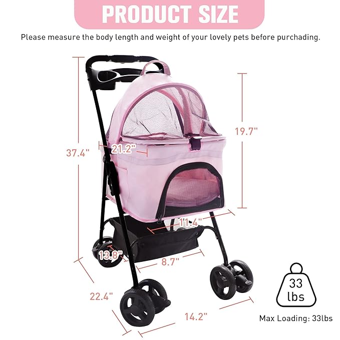 2 in 1 Pet Stroller, Detachable Dog Stroller, Portable Pet Cart w/ 4 Wheels, Cup Holder for Small Dog/Cat, Foldable Waterproof Jogging Travel Carrier Cart, Pink