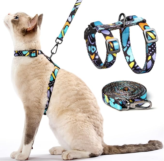 Cat Harness and Leash Set - Escape Proof Adjustable Cat Harness, Comfortable Soft Lightweight, Use Safe & Easy, Walking Travel Kitten Harness for Small Medium Large Cats (Blue Butterfly Magic)