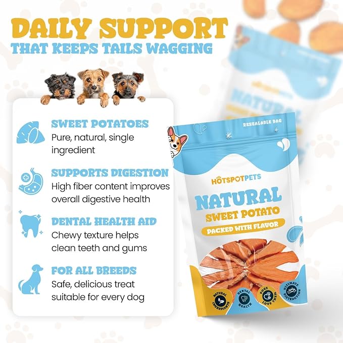 hotspot pets Sweet Potato Dog Treats (32 OZ) - Dehydrated All Natural, Rawhide Free, Grain-Free & High in Fiber- Ideal for Small to Large Dogs - Perfect Dog Chew for Training, or Treat