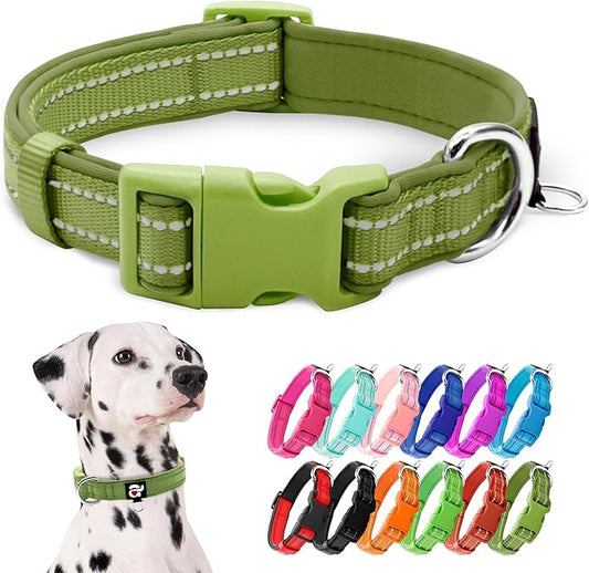 azuza Reflective Dog Collar, Soft Neoprene Padded Pet Collar with ID Tag Ring, Adjustable for Large Dogs,Army Green,L