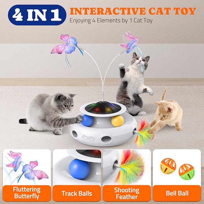 Pawtners Interactive Cat Toy, 4 in 1 Automatic Interactive Kitten Toys for Indoor Cats Rechargeable with Fluttering Butterfly, Track Balls and Ambush Feather