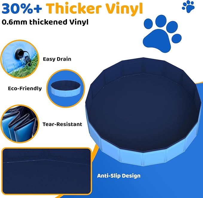 97" x 12" Foldable Dog Pool - Collapsible Hard Plastic Kiddie Pool for Dogs & Kids, Non-Slip Pet Bath Tub for Outdoor Backyard Use, Lightweight & Portable (Blue)