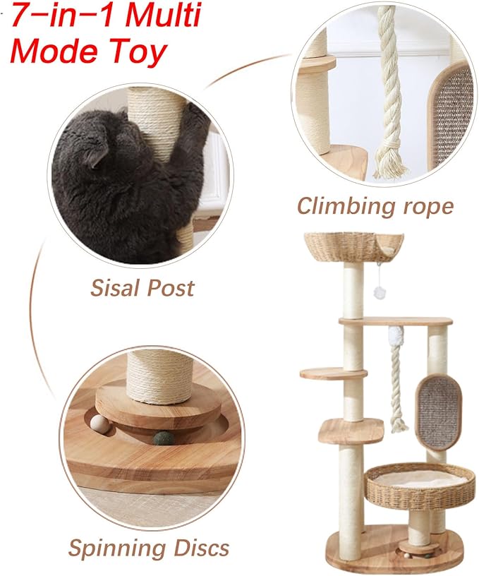 Wooden Cat Tree for Large Cat, 49.6-Inch Tall Cat Tower with Scratching Post for Indoor Cats, Multi-Level Cat Condo with Hand-Woven Cat Bed and Scratching Board Easy to Clean