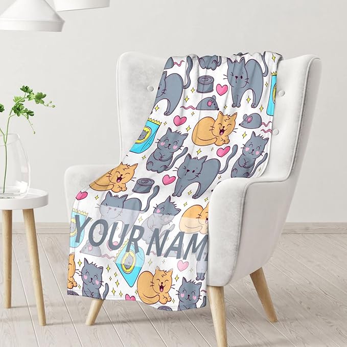 Personalized Cat Blanket Gifts with Name - 40"x50" Cute Throw Blanket for Adults Kids - Colorful Soft Plush Throws for Bed, Couch & Travel