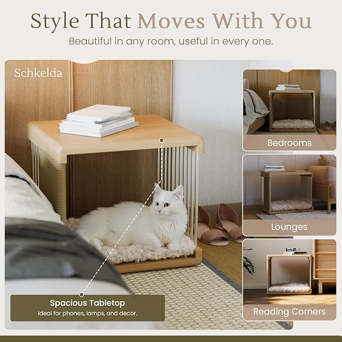 Wooden Cat House for Indoor Cats – Cat Furniture - Cat Bed with Area Scratching Pad - Cat Houses & Condos – Bedside End Table & Coffee Table for Living Room, Bedroom Decoration