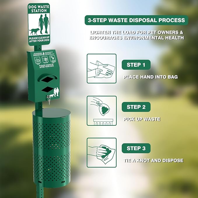 POCHAR Aluminum Rustproof Dog Waste Disposal Station for Pet Parks – 10 Gallon Outdoor Pet Poop Station with Reflective Sign & Lid – Durable Trash Bin for Backyard Dog Waste