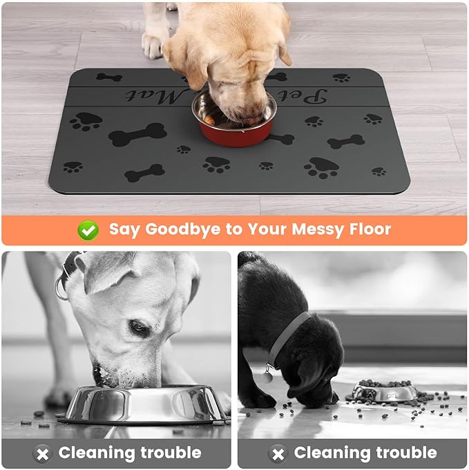 Pet Feeding Mat-Absorbent Pet Placemat for Food and Water Bowl, with Waterproof Rubber Backing, Quick Dry Water Dispenser Mat for Dog and Cat (24"x16", Bones)