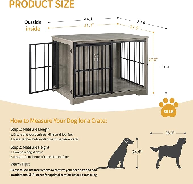 XL Large Dog Crate Furniture, 44.1" Indoor Dog Kennel Furniture with Barn Door, Wooden Tall Dog Crate, Heavy Duty Dog Cage for Large Dogs, Side End Table, Anti-Chew, Greige Black DFC80105B