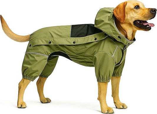 LOVELONGLONG Fleece-Lined Dog Raincoat with Removable Hood – Waterproof Winter Full Body Dog Jacket – Windproof Snowproof Cold-Weather Suit – Green-F XS