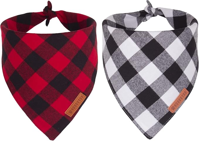 ADOGGYGO Christmas Dog Bandanas 2 Pack, Premium Cotton Fabric, Multiple Sizes Offered, White Red Plaid Bandanas for Small Dogs (Small)