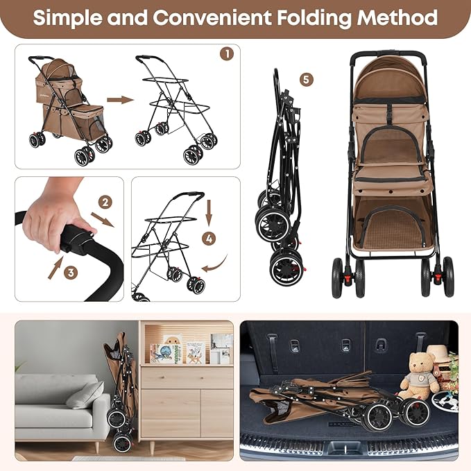 Double Pet Stroller for Dogs and Cats,Cat Strollers for 2 Cats,Double Dog Stroller for 2 Small Medium Dogs,4 Lockable Wheels/Lightweight/Folding,Khaki