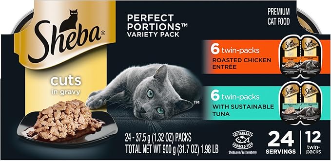 Sheba Perfect Portions Wet Cat Food Cuts in Gravy, Roasted Chicken Entree and with Sustainable Tuna, 2.6 oz. Twin-Pack Trays (12 Count, 24 Servings)
