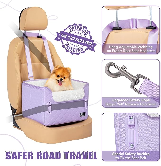 PETSFIT Dog Car Seats for Small Dogs – Patented Safety Buckles – Safety Tether – Foldable Travel Cat Car Seat Reduces Anxiety & Road Trips – Stable Frame, Fits Front/Back Seat (Lavender Purple)