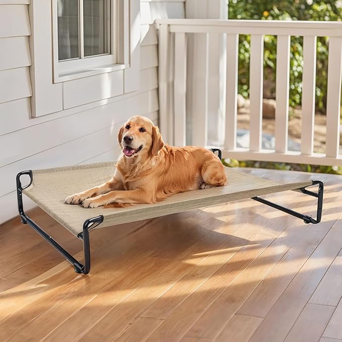 Veehoo Original Outdoor Elevated Dog Bed, Cooling Raised Dog Cot for Large Dogs, Portable Standing Pet Hammock Platform with Washable Breathable Mesh, No-Slip Feet, Large, Beige Coffee, CWC2201
