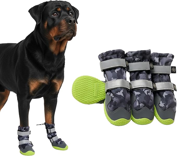 Spark Paws Dog Shoes, Waterproof Dog Boots for Medium to Large Dogs, Non Slip, Breathable Dog Booties and Paw Protectors - 4PCS Doggie Hiking Boots with Reflective Straps, Gray Camo, Size 8