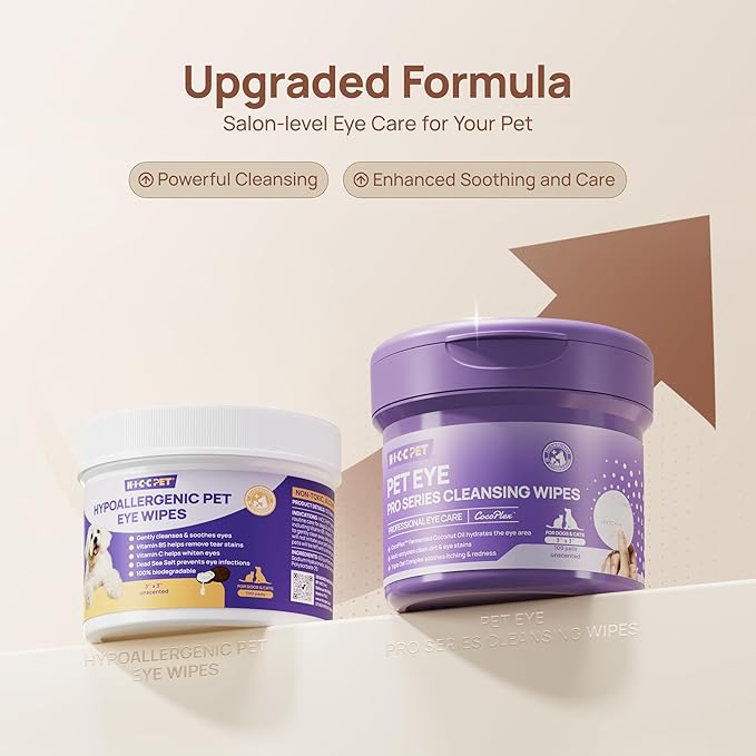 HICC PET Eyes Wipes for Dogs & Cats Upgraded Pro Version, Vet-Recommended Dog Eye Wipes Hypoallergenic, Dog Tear Stain Remover, Remove Debris, Mucus & Discharge - 100ct, Unscented