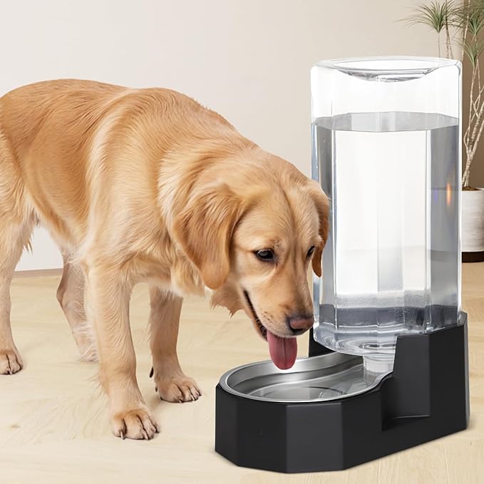 Sfozstra Large Dog Water Dispenser: 9L Automatic Black Water Feeder with Stainless Steel Bowl - Without Filter - Gravity Design for Multiple Pets in Garage Garden - Good for Spinal Health