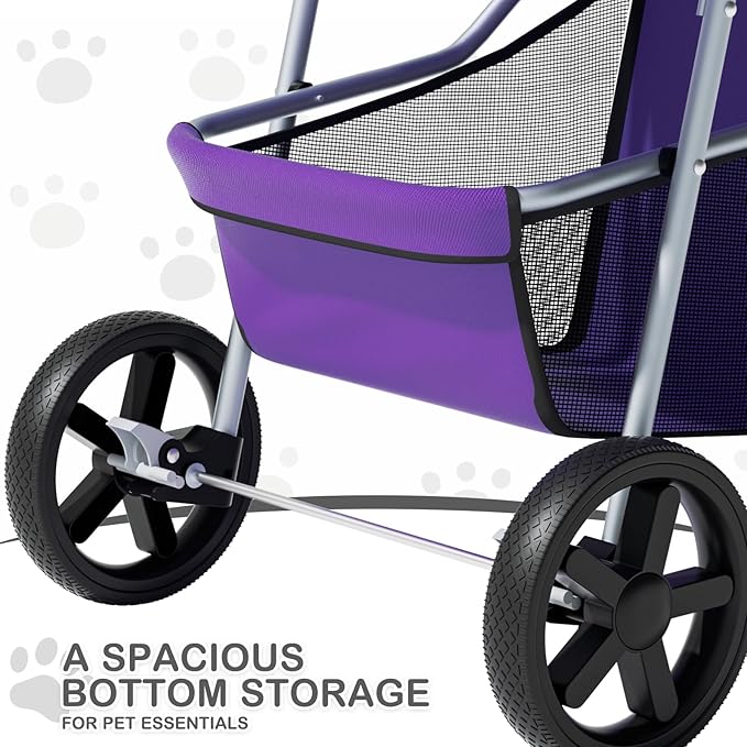 MoNiBloom 3 Wheels Pet Dog Cat Stroller for Small Medium Dogs Cats, Lightweight Foldable Jogger Stroller w/Storage Basket and Cup Holder, Purple