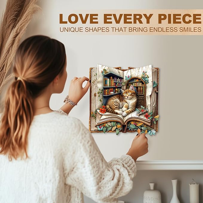 WOODBESTS Wooden Puzzles for Adults, Cat in The Book Wood Puzzles Adult(195 Pieces, M, 10.6 * 10.4in), Unique Shape Wooden Animal Jigsaw Puzzles, Birthday Gifts for Adults Family Game