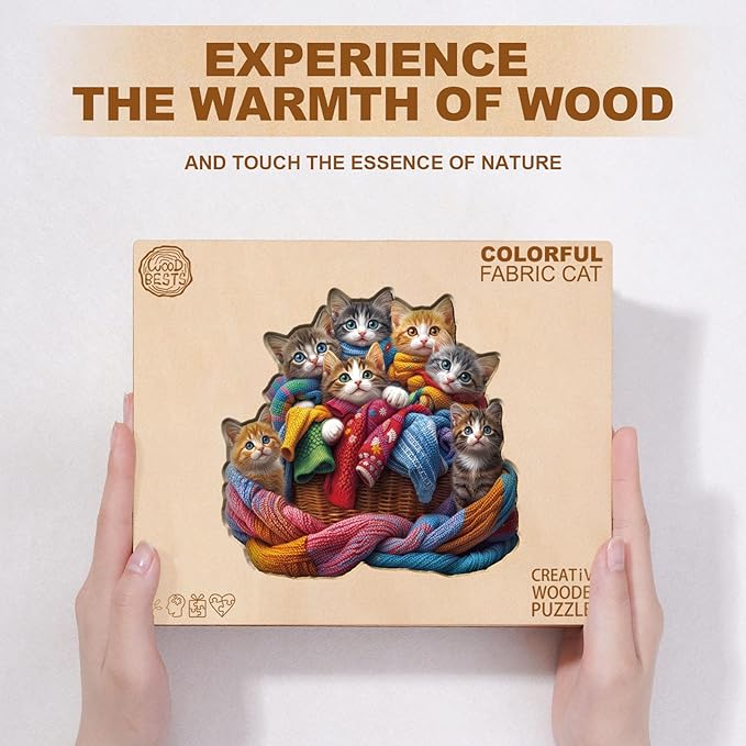 KAAYEE Wooden Puzzles for Adults, Colorful Fabric Cat 255 Piece Unique Animal Shape Puzzle, Cat Wood Puzzle for Adults, Creative Gifts for Friends/Family(13.4 * 12.8in)