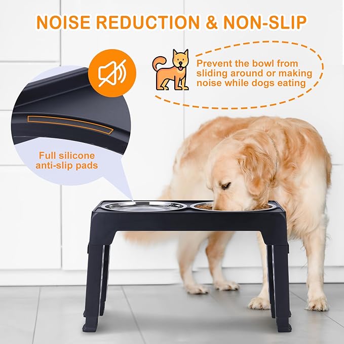 Elevated Dog Bowls, Raised Bowl with 2 Stainless Steel Food Bowls, Dog Bowls Stand Adjusts to 5 Heights 2.95", 8.46", 9.65", 10.82", 12.01" for Small Medium Large Cats Pets,Black