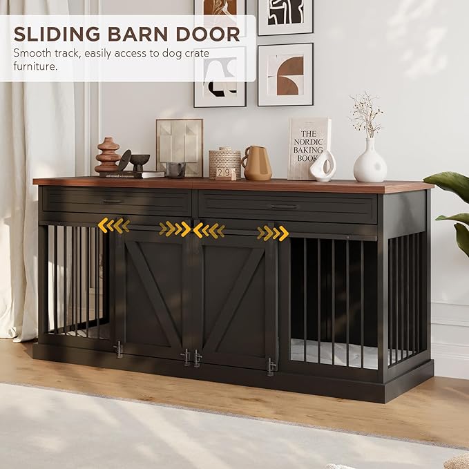 Furniture Style Dog Crate - Indoor Wooden Dog Kennel Furniture with 2 Sliding Barn Doors, 2 Drawers & Room Divider - 72" L x 23.6" W x 34" H - Black