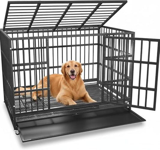 54/48/42/38 Inch Heavy Duty Dog Crate Cage with Wheels, Indestructible and Escape Proof Steel Kennel Indoor for High Anxiety Dogs with Sturdy Locks, Double Door and Tray, Extra Large XL XXL